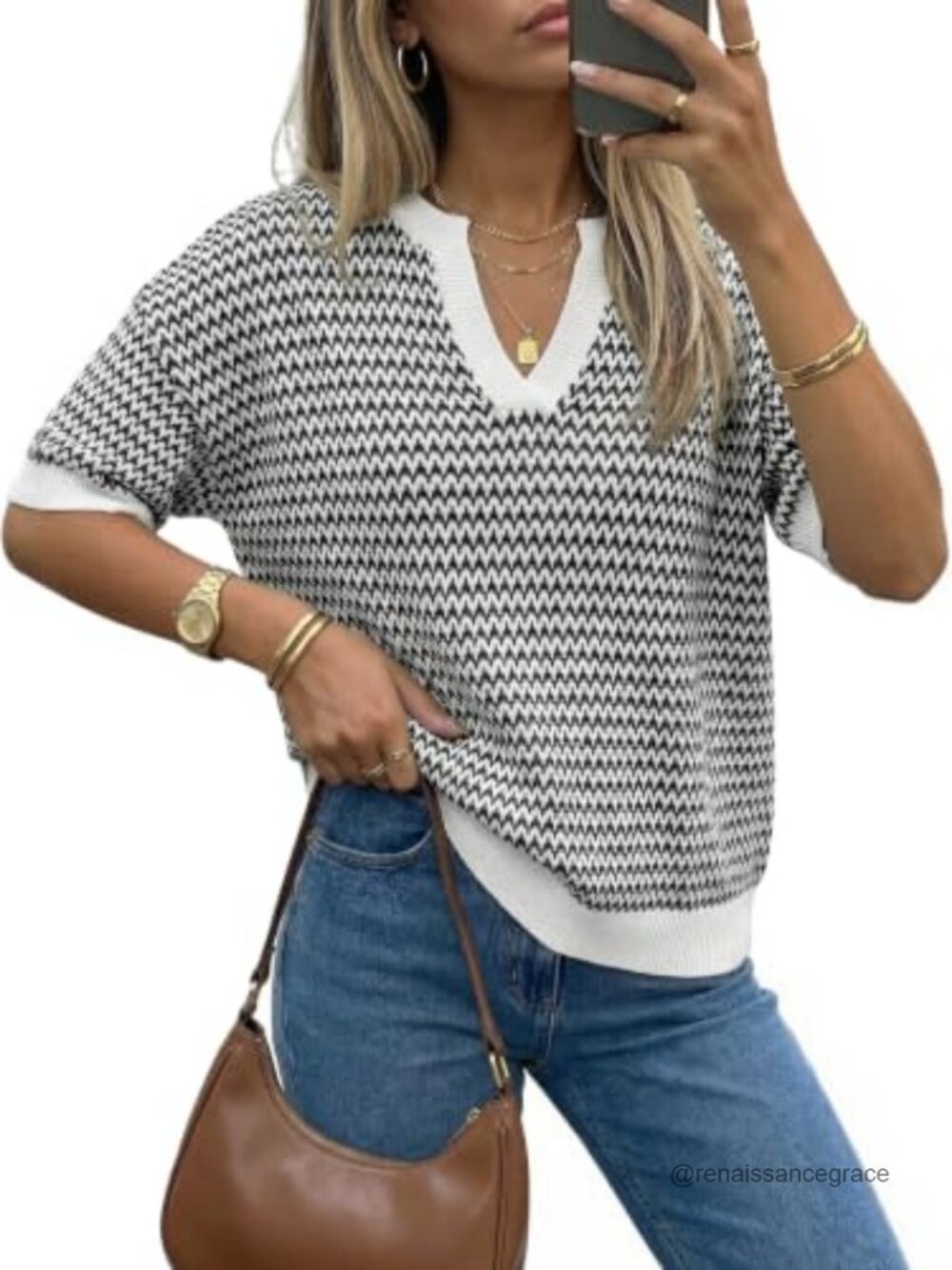 Striped Short Sleeve V-Neck Pullover Sweater Work Casual